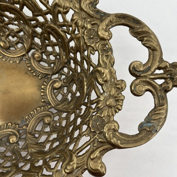 Vintage Ornate Brass Victorian Basket Tray Dish Floral Design 13.5'' - Picture 2 of 10